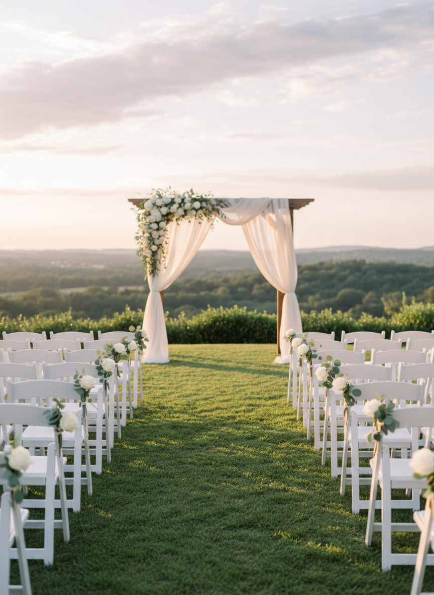 A beautifully arranged outdoor ceremony space in photographic realism, featuring an aisle lined with simple white chairs and minimal greenery, leading toward a refined wooden arch draped with sheer ivory fabric and subtle white floral accents. The setting is on a manicured lawn overlooking distant rolling hills under a soft late-afternoon sky. Golden hour sunlight bathes the scene, creating gentle highlights along the chairs and arch while casting elongated, romantic shadows. Captured from a central, eye-level perspective, the composition draws the eye down the aisle toward the arch, with a balanced, symmetrical layout and crisp details throughout. The mood is sophisticated, calm, and anticipatory, perfectly suited for a wedding location or details page.