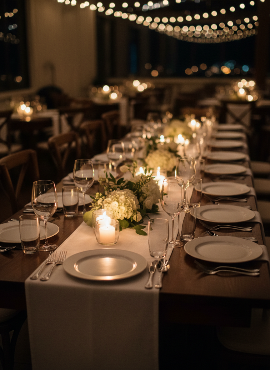 An evening reception table in photographic realism, set with a long, narrow white linen runner over a dark wooden table, featuring minimalist place settings with matte white plates, polished silver cutlery, and slender crystal wine glasses. Along the center, low glass votive candles flicker warmly, interspersed with small arrangements of white flowers and sparse greenery, keeping floral elements subtle and refined. The background hints at additional softly lit tables and out-of-focus string lights, creating a gentle bokeh. Warm, dim ambient lighting and candlelight combine to cast delicate reflections on the glassware and a romantic glow across the scene. Captured from a slightly elevated, diagonal angle, the image feels intimate, sophisticated, and celebratory, ideal for conveying the atmosphere of the wedding celebration.