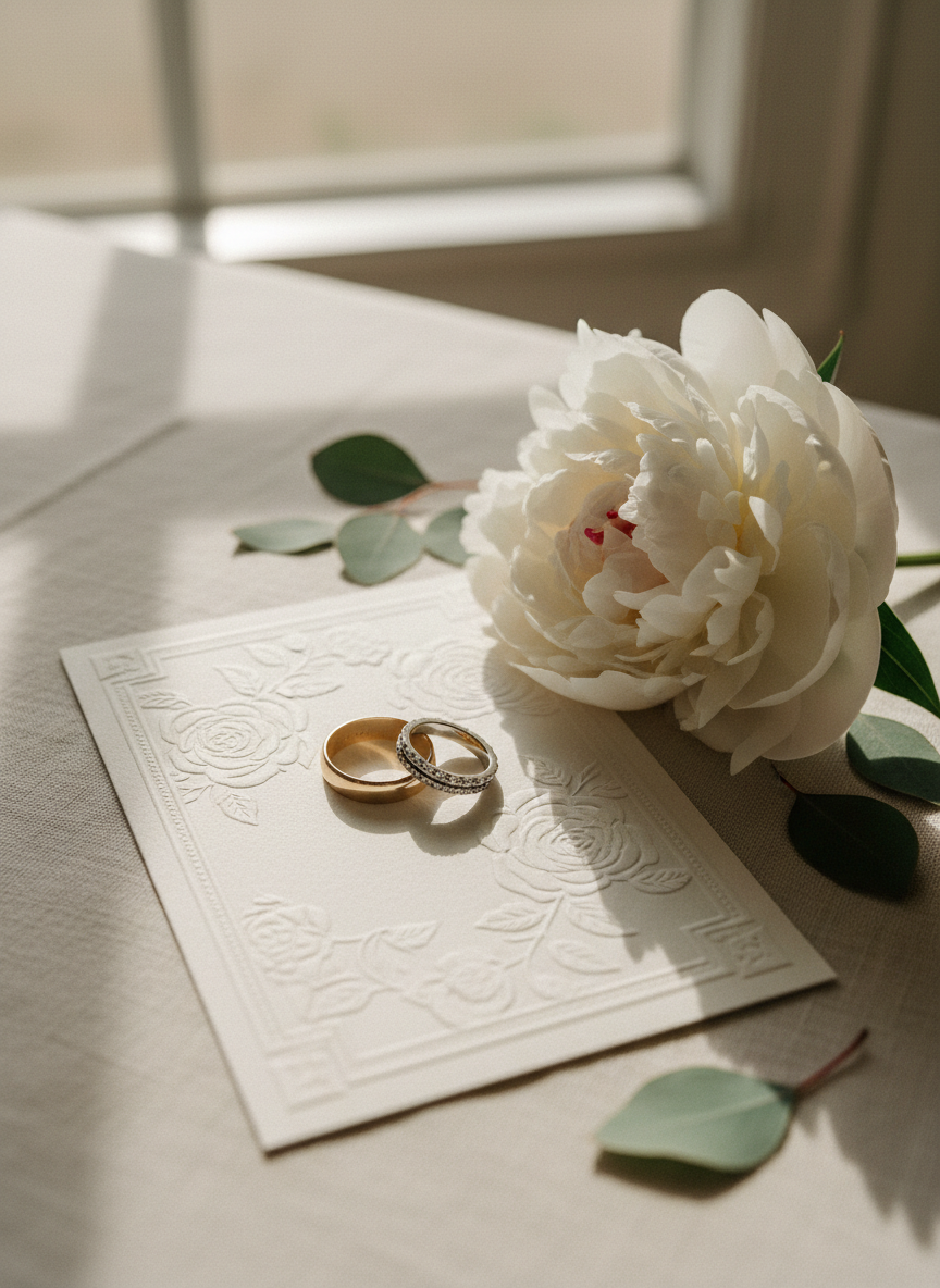 A pair of elegant wedding rings resting atop a finely textured ivory invitation card, embossed with subtle floral patterns and a refined border, without any readable text. The scene is set on a soft linen tablecloth in warm neutral tones, with a single white peony bloom and a few scattered eucalyptus leaves providing delicate, understated color. Gentle afternoon window light streams in from the side, casting soft shadows and a calm, sophisticated glow. Photographic realism, shot at a slightly elevated angle with a shallow depth of field, keeping the rings and invitation in crisp focus while the background blurs into a smooth, creamy bokeh, creating a timeless, serene atmosphere for a wedding homepage hero image.