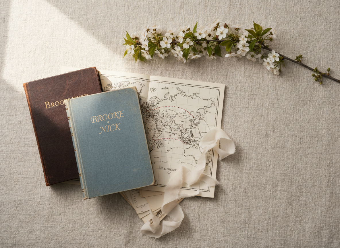 A tasteful flat-lay composition in photographic realism depicting elements of Brooke and Nick’s story without showing people: two well-worn hardcover books slightly overlapping, a vintage-style map folded open to suggest travel, a small bundle of pale ribbon-tied letters, and a sprig of white blossoms. All items rest on a pale, textured fabric backdrop in warm neutral tones. Soft, diffused morning light from above and to the side creates subtle highlights along the edges of the objects and gentle, inviting shadows. The mood is intimate, nostalgic, and refined. The composition follows the rule of thirds, with negative space left for design overlays, making it ideal for an “Our Story” section on the site while maintaining a sophisticated, understated aesthetic.
